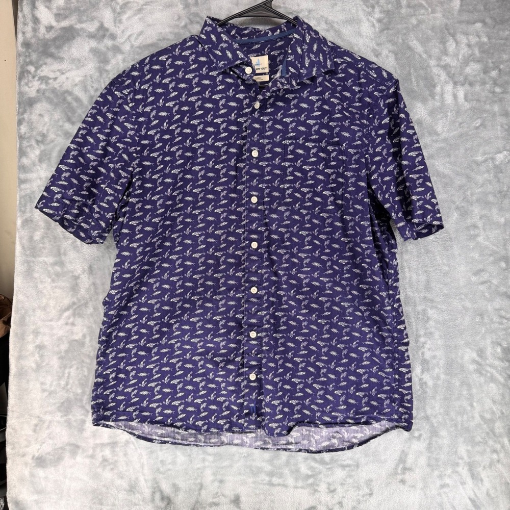 johnnie-O Mens Large Hangin Out Short Sleeve Button Up‎ Shirt Navy Fish Print
